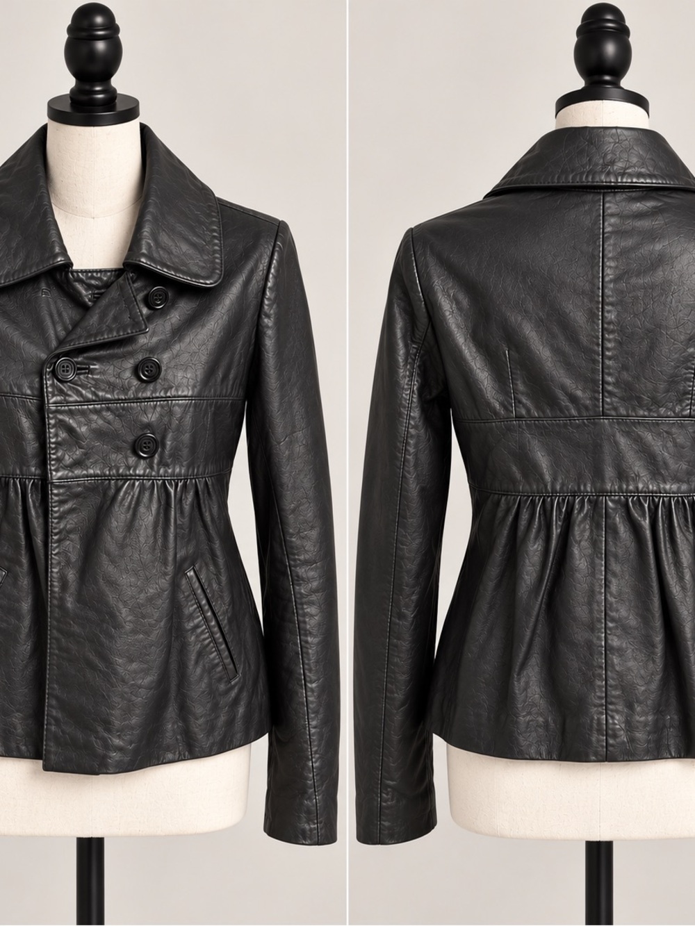 Kenar Black Leather Peplum Double-Breasted Jacket